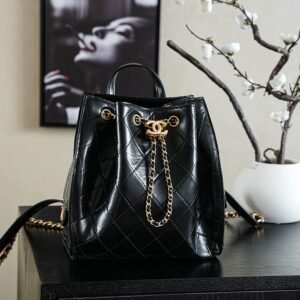 Classic Premium Suede 25B Backpack (Black Waxed Calfskin) with Vintage Gold-Tone Hardware