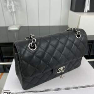 Classic Caviar Calfskin CF Flap Bag (23cm) with Interlocking CC Turn-Lock & Silver Hardware
