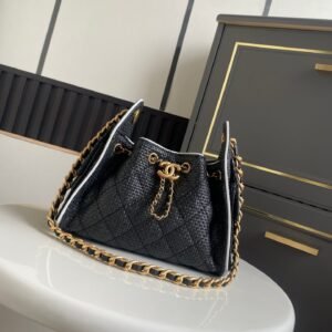 Classic Woven Hobo Bag with Vintage Gold-Tone Hardware & Contrast White Trim