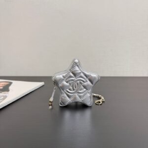 Star Lambskin Charm Pouch Metallic Silver with Wristlet Chain