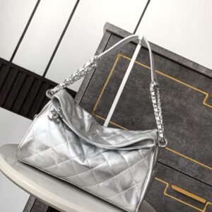 Metallic Silver Lambskin Quilted Hobo Bag