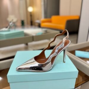 AQUAZZURA Metallic Mirror Leather Pointed-Toe Wave-Trim Slingback Pumps, 10.5cm