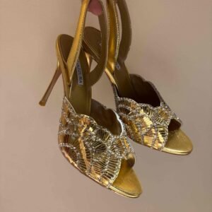 AQUAZZURA Seashell-Embellished Metallic Leather Peep-Toe Slingback Pumps 10.5cm