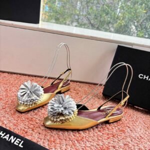 Metallic Gold Leather Floral Applique Slingback Flats