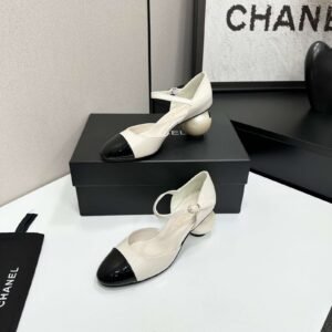 Two-Tone Leather Ankle-Strap Pearl Block Heel Pumps