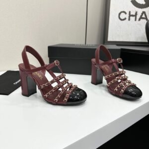 Leather & Chain Embellished Block Heel Sandals (10cm Heel)