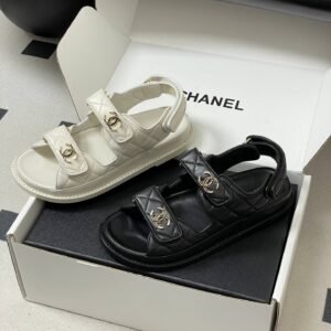Quilted Leather CC Logo Velcro Sandals