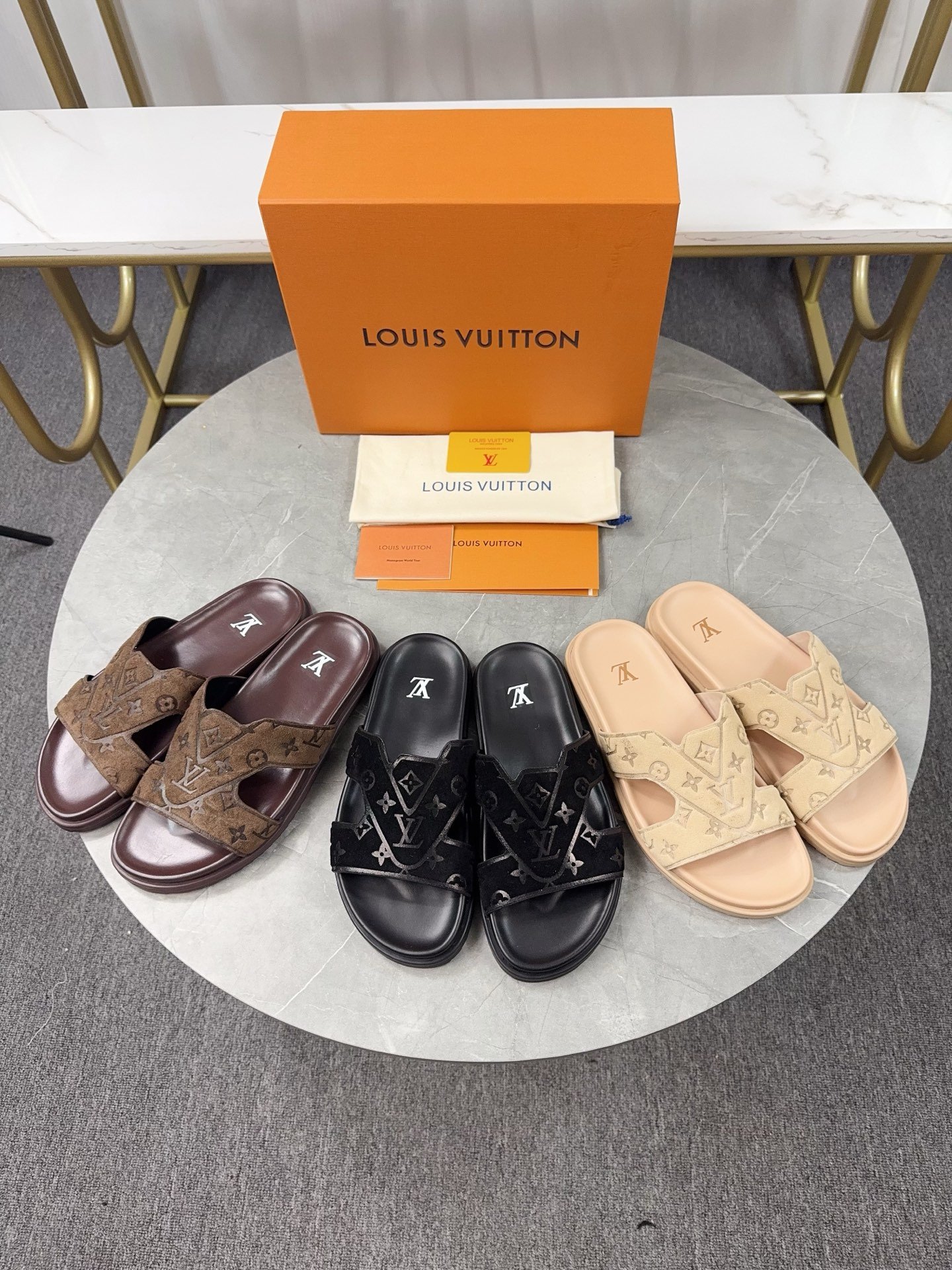Louis Vuitton Brown Monogram-Embossed Suede Leather Slide