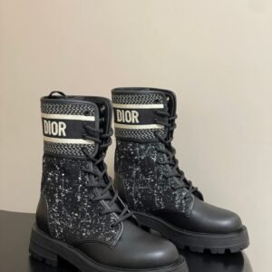 Dior D-Major Lace-Up Combat Boot With Logo Band And Tweed Detail