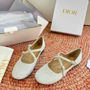 Christian Dior Lace-Embellished Mesh Mary Jane Ballet Flats with Cross Ankle Straps