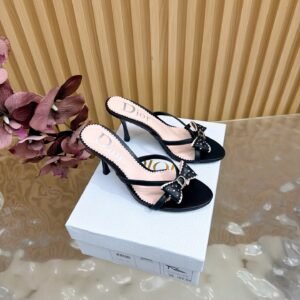 Christian Dior Bow-Embellished Leather Peep-Toe Mule Pumps with Scalloped Trim, 8.5cm