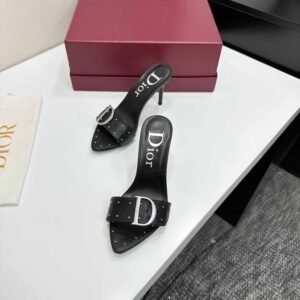 Christian Dior Embossed Leather Peep-Toe Mule Pumps with Metallic Buckle, 8.5cm