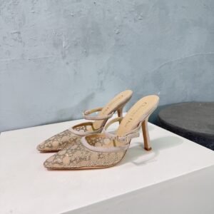 Christian Dior Crystal-Embellished Mesh Pointed-Toe Mule Pumps with Ankle Strap, 6.5cm/10cm