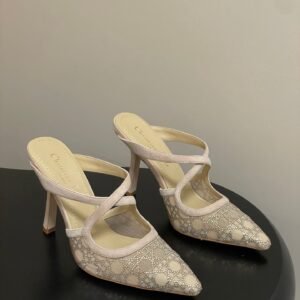 Christian Dior Oblique Crystal-Embellished Satin Pointed-Toe Mule Pumps with Cross Ankle Straps, 9.5cm