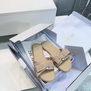 Christian Dior Bow-Embellished Fabric Flat Slide Sandals with Pearl Detail & Fringed Trim