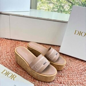 Christian Dior Dioriviera Logo-Embroidered Fabric Cork Wedge Slide Sandals