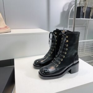 Chanel Square Toe Lace-Up Ankle Boot With Patent Cap Toe
