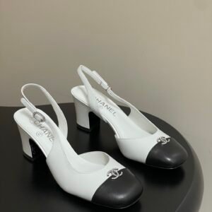 Two-Tone Leather CC Logo Slingback Pumps, Block Heel 6cm