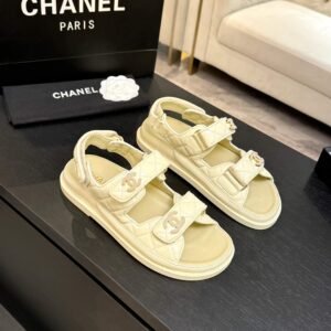 Quilted Leather CC Logo Velcro Flat Sandals