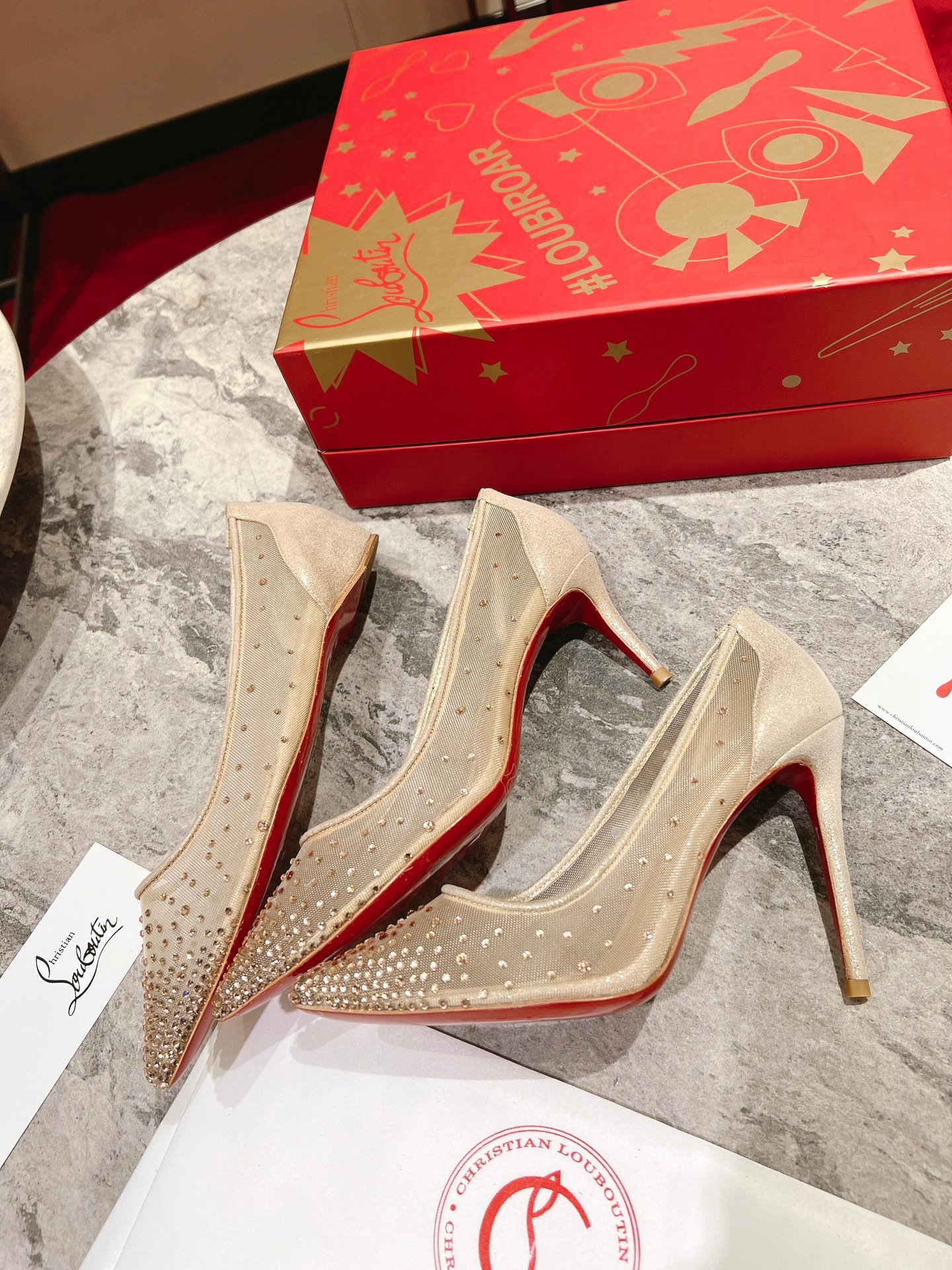 Christian Louboutin Crystal-Embellished Mesh Pointed Toe Red Sole Pump