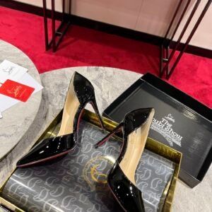 Christian Louboutin Black Patent D'Orsay Pointed Toe Red Sole Pump, Flat/6.5/8.5/10/12cm