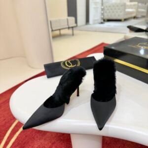 Christian Louboutin Black Satin Fur-Trimmed Pointed Toe Mule, 8.5cm