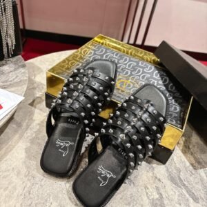 Christian Louboutin Black Leather Spike-Embellished Slide Sandal