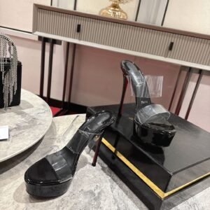 Christian Louboutin Black Patent Clear Strap Platform Slide Sandal, 15cm
