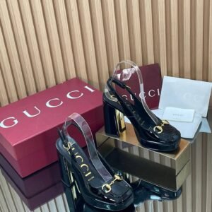 Gucci Horsebit Platform Slingback Pumps In Black Patent Leather, 11cm