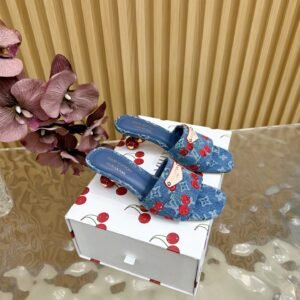 Louis Vuitton x Murakami Cherry Embroidered Monogram Denim Kitten Heel Slide, 4cm