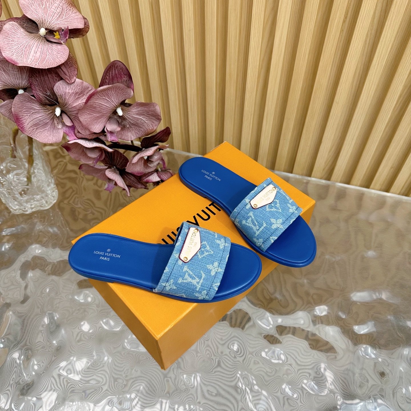 Louis Vuitton Blue Monogram Denim Leather-Trimmed Flat Slide
