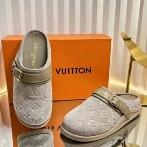 Louis Vuitton Light Grey Monogram-Embossed Suede Buckle Mule