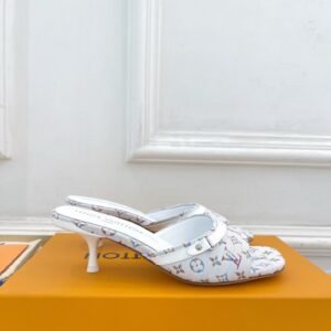 Louis Vuitton White Monogram Denim Leather-Strap Stiletto Mule, 5/10cm