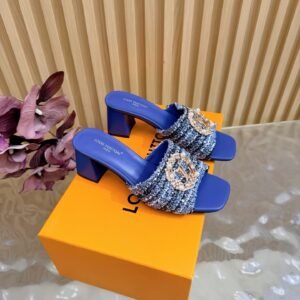 Louis Vuitton Blue Tweed Crystal-Embellished Square Toe Block Heel Slide, 7.5cm