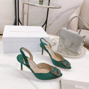 Manolo Blahnik Black Satin Crystal-Embellished Buckle Slingback Pump, 7cm