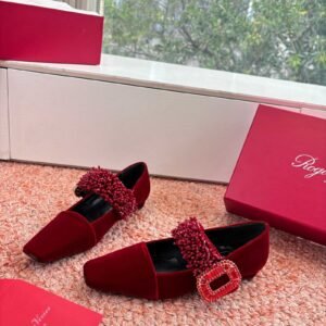 Roger Vivier Square Toe Flat With Beaded Strap And Crystal Buckle Detail