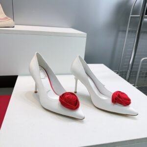 Roger Vivier Pointed Toe Flat With Red Rose Applique, Flat/10cm