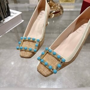 Roger Vivier Square Toe Flat With Turquoise Embellished Buckle, 2.5/4.5cm