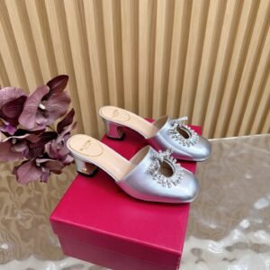 Valentino Crystal-Embellished Square Toe Block Heel Mule, Flat/5.5cm