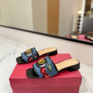 Valentino VLogo Cherry-Embroidered Denim Block Heel Slide Sandal